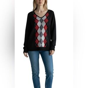 Apt 9 Argyle V Neck Sweater Women’s XL Black Red Gray Y2K  Academia Preppy Comfy
